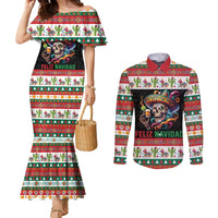 Mexican Sugar Skull Couples Matching Mermaid Dress and Long Sleeve Button Shirt Feliz Navidad Mexico - Wonder Print Shop