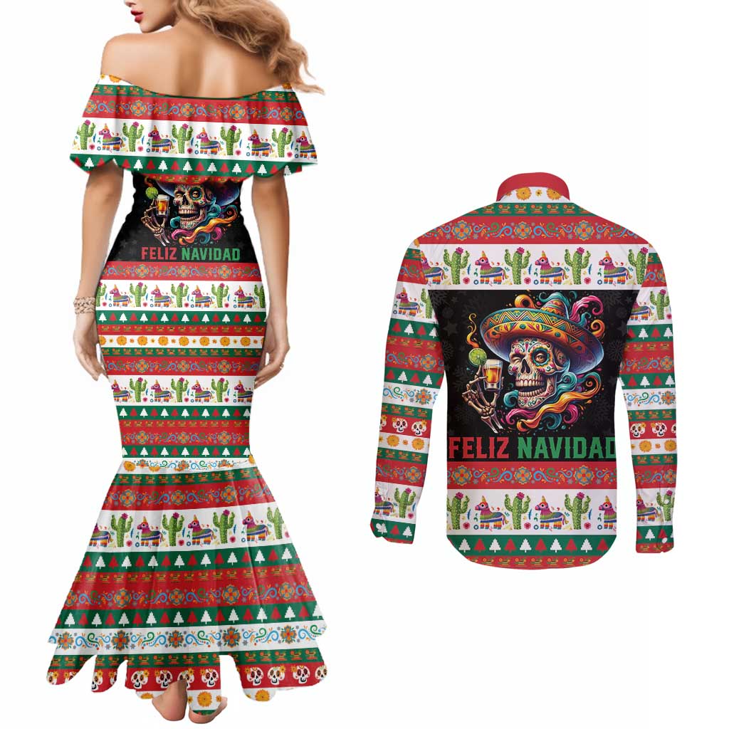 Mexican Sugar Skull Couples Matching Mermaid Dress and Long Sleeve Button Shirt Feliz Navidad Mexico - Wonder Print Shop