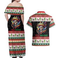 Mexican Sugar Skull Couples Matching Off Shoulder Maxi Dress and Hawaiian Shirt Feliz Navidad Mexico - Wonder Print Shop