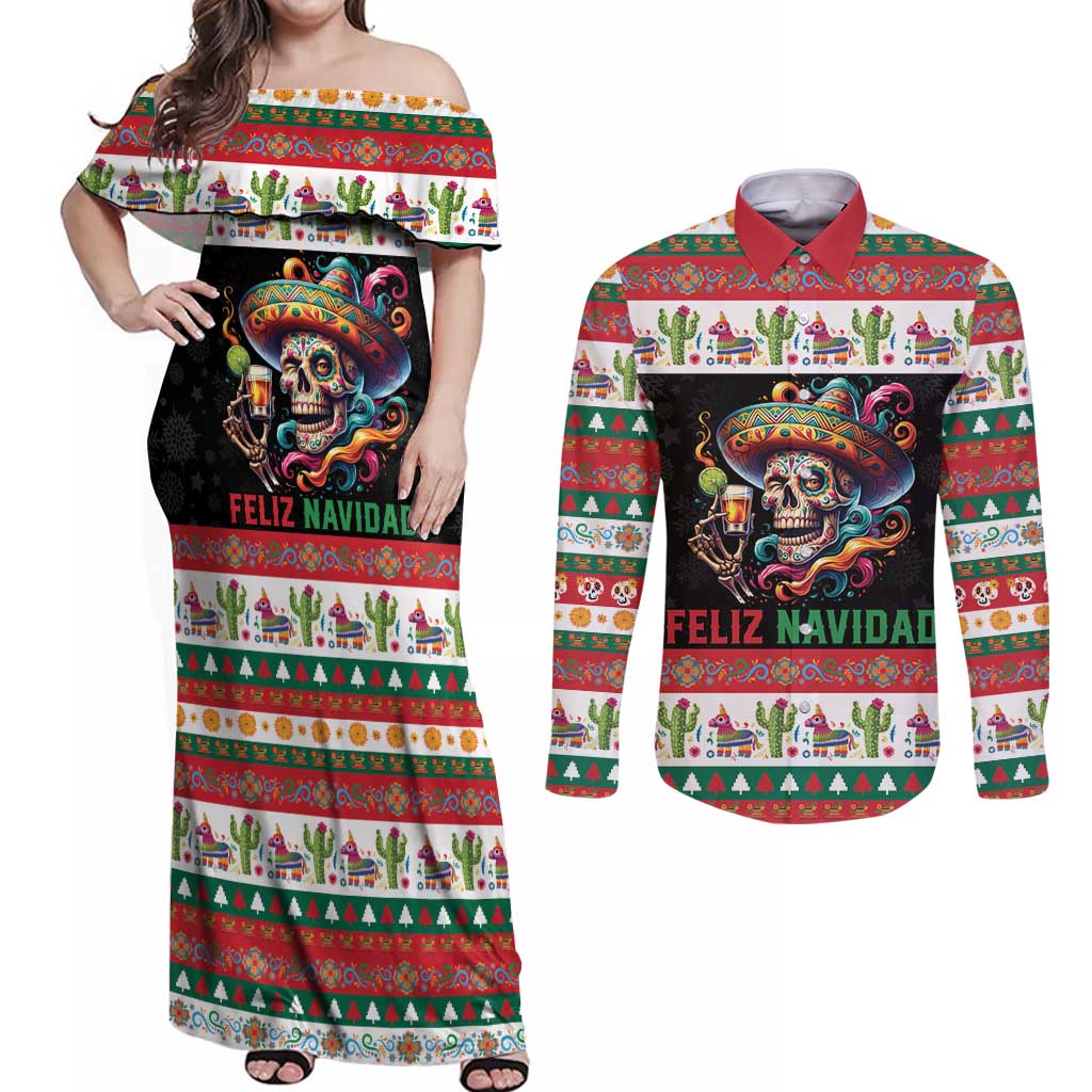 Mexican Sugar Skull Couples Matching Off Shoulder Maxi Dress and Long Sleeve Button Shirt Feliz Navidad Mexico - Wonder Print Shop