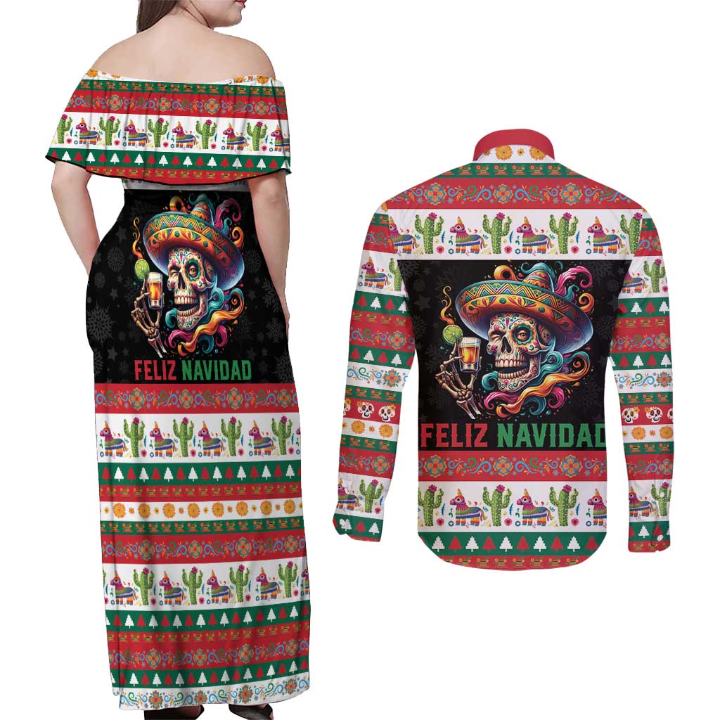 Mexican Sugar Skull Couples Matching Off Shoulder Maxi Dress and Long Sleeve Button Shirt Feliz Navidad Mexico - Wonder Print Shop
