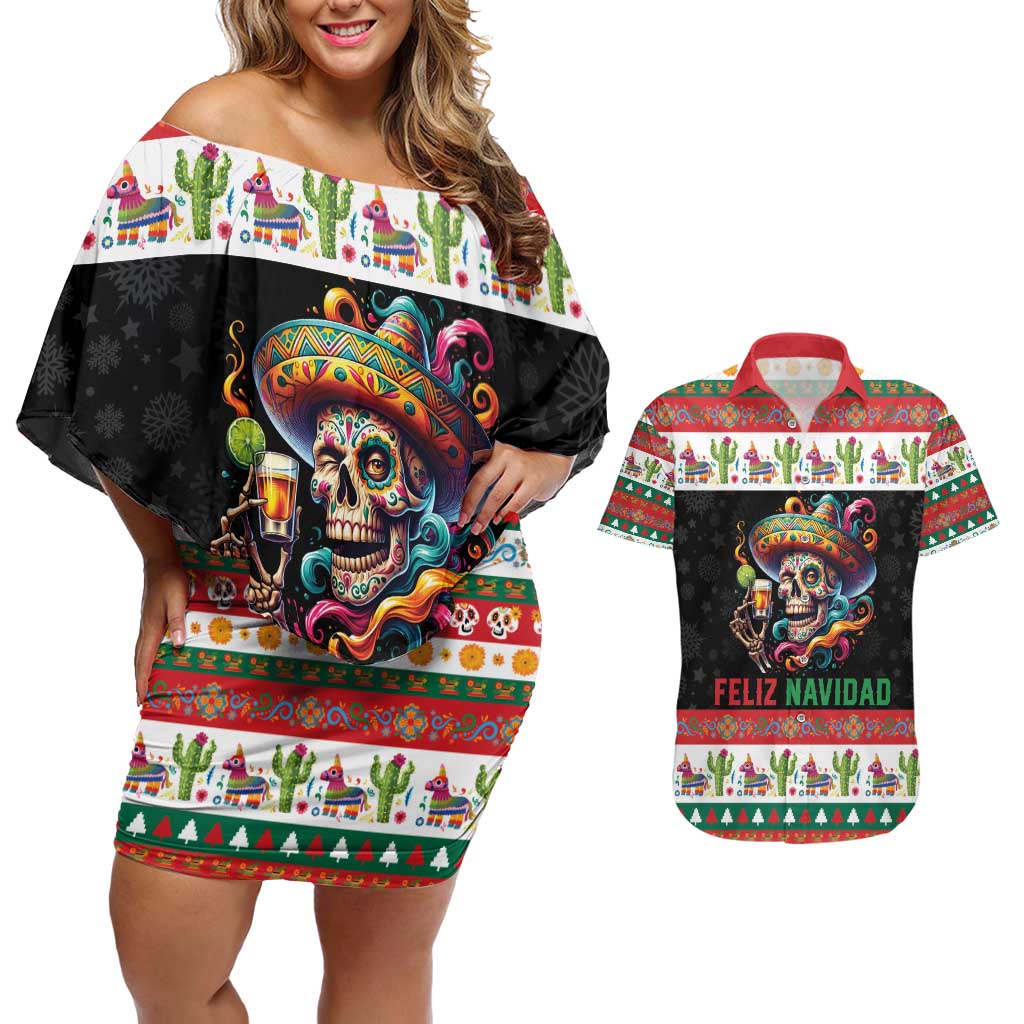 Mexican Sugar Skull Couples Matching Off Shoulder Short Dress and Hawaiian Shirt Feliz Navidad Mexico - Wonder Print Shop