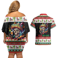 Mexican Sugar Skull Couples Matching Off Shoulder Short Dress and Hawaiian Shirt Feliz Navidad Mexico - Wonder Print Shop