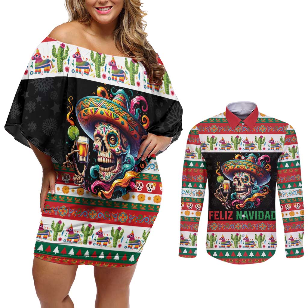 Mexican Sugar Skull Couples Matching Off Shoulder Short Dress and Long Sleeve Button Shirt Feliz Navidad Mexico - Wonder Print Shop