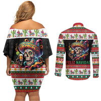 Mexican Sugar Skull Couples Matching Off Shoulder Short Dress and Long Sleeve Button Shirt Feliz Navidad Mexico - Wonder Print Shop