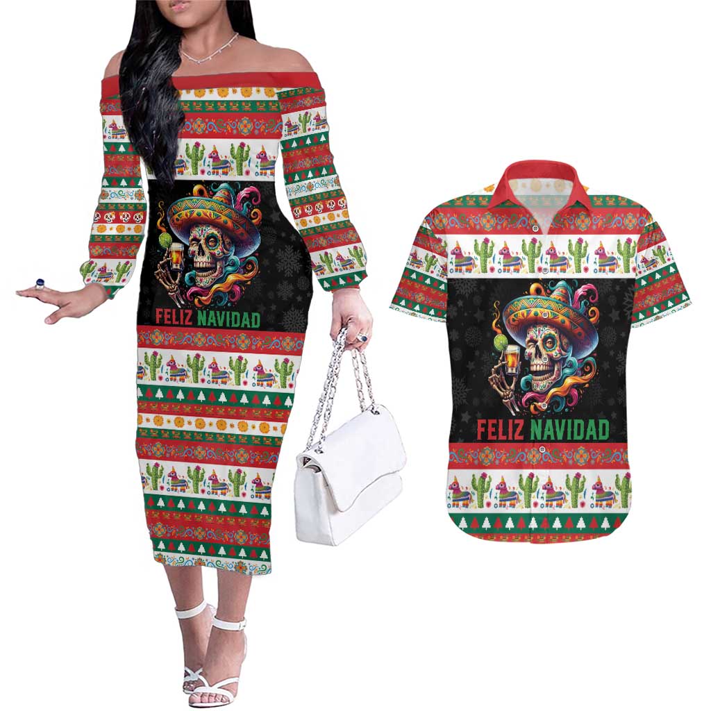 Mexican Sugar Skull Couples Matching Off The Shoulder Long Sleeve Dress and Hawaiian Shirt Feliz Navidad Mexico - Wonder Print Shop