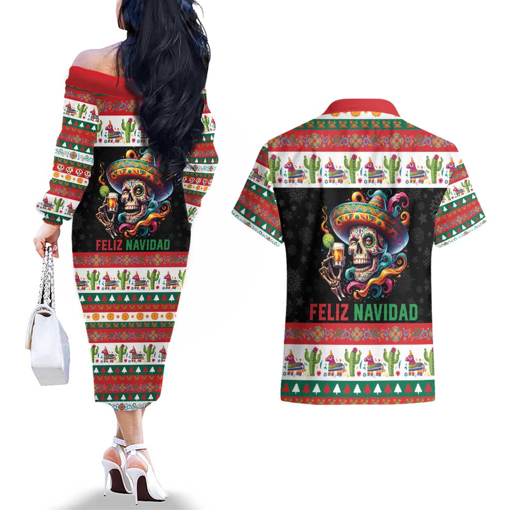 Mexican Sugar Skull Couples Matching Off The Shoulder Long Sleeve Dress and Hawaiian Shirt Feliz Navidad Mexico - Wonder Print Shop