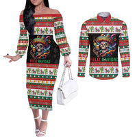 Mexican Sugar Skull Couples Matching Off The Shoulder Long Sleeve Dress and Long Sleeve Button Shirt Feliz Navidad Mexico - Wonder Print Shop