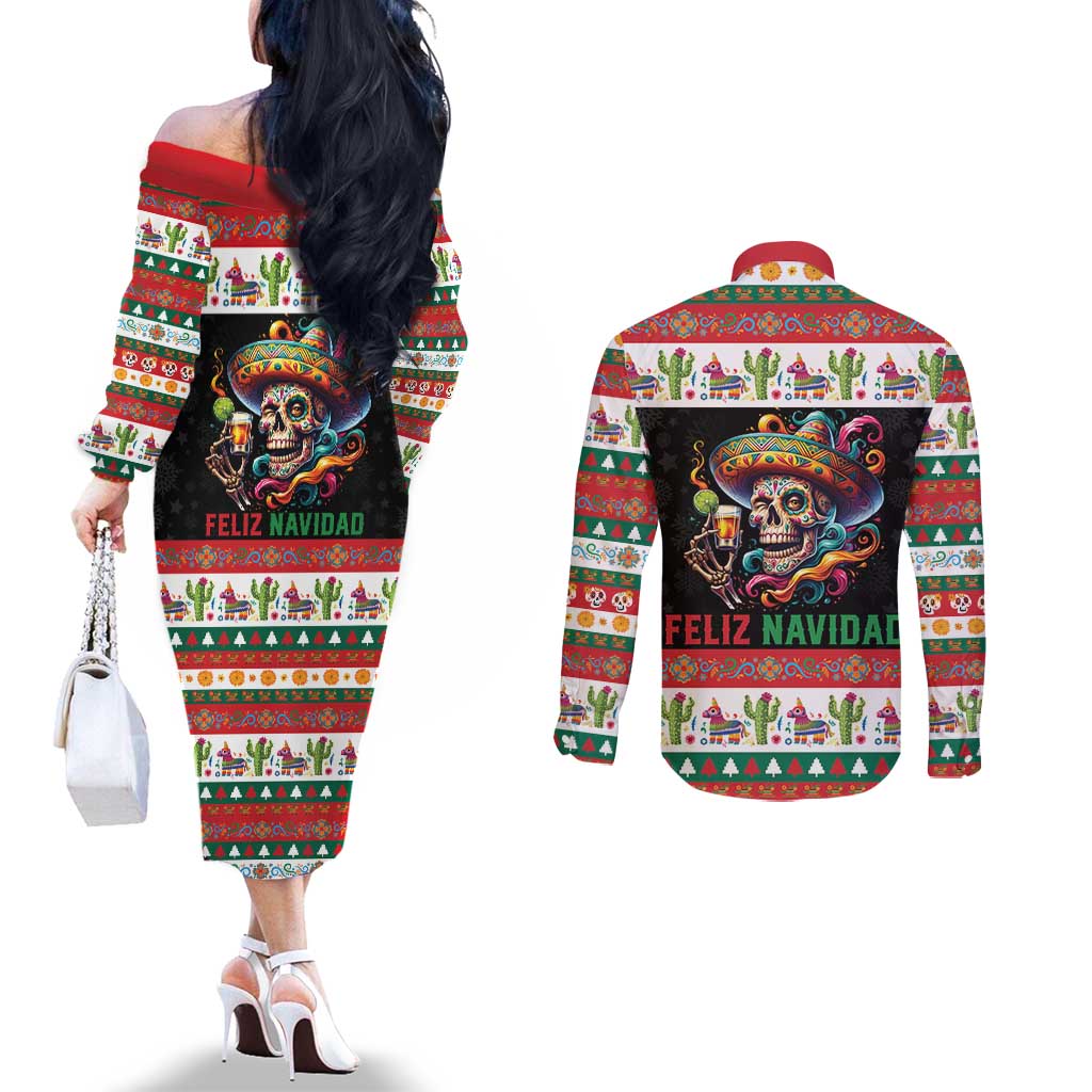 Mexican Sugar Skull Couples Matching Off The Shoulder Long Sleeve Dress and Long Sleeve Button Shirt Feliz Navidad Mexico - Wonder Print Shop