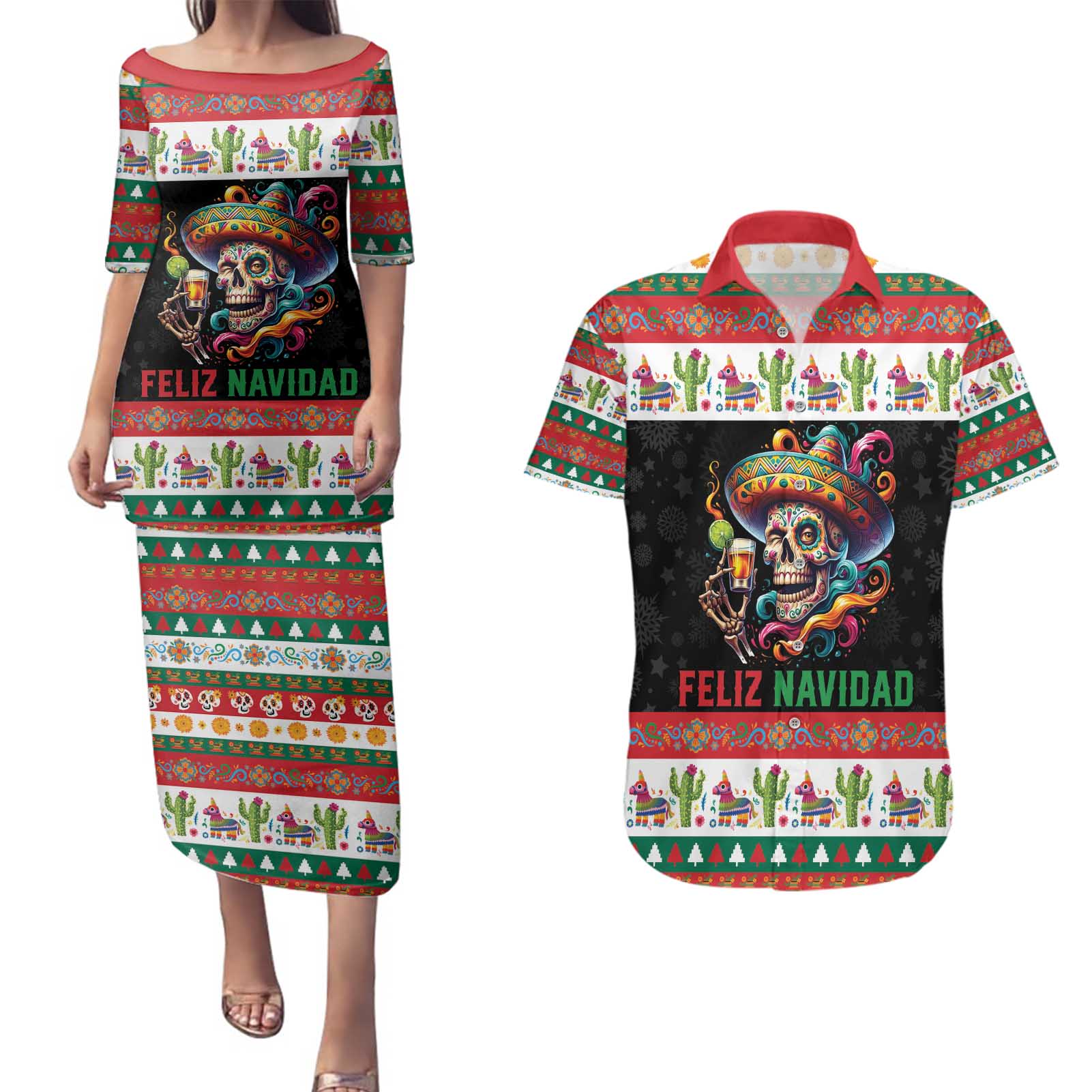 Mexican Sugar Skull Couples Matching Puletasi and Hawaiian Shirt Feliz Navidad Mexico - Wonder Print Shop