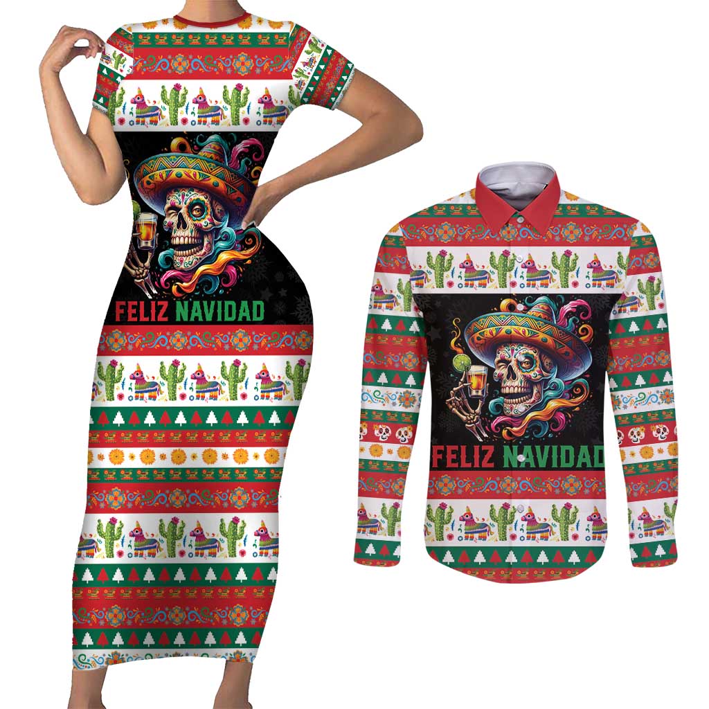 Mexican Sugar Skull Couples Matching Short Sleeve Bodycon Dress and Long Sleeve Button Shirt Feliz Navidad Mexico - Wonder Print Shop