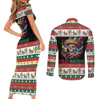 Mexican Sugar Skull Couples Matching Short Sleeve Bodycon Dress and Long Sleeve Button Shirt Feliz Navidad Mexico - Wonder Print Shop
