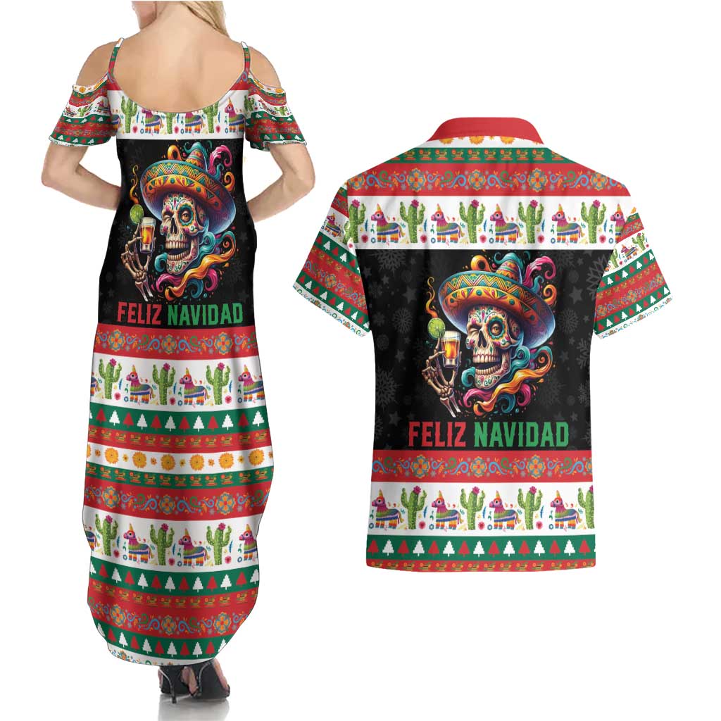 Mexican Sugar Skull Couples Matching Summer Maxi Dress and Hawaiian Shirt Feliz Navidad Mexico - Wonder Print Shop