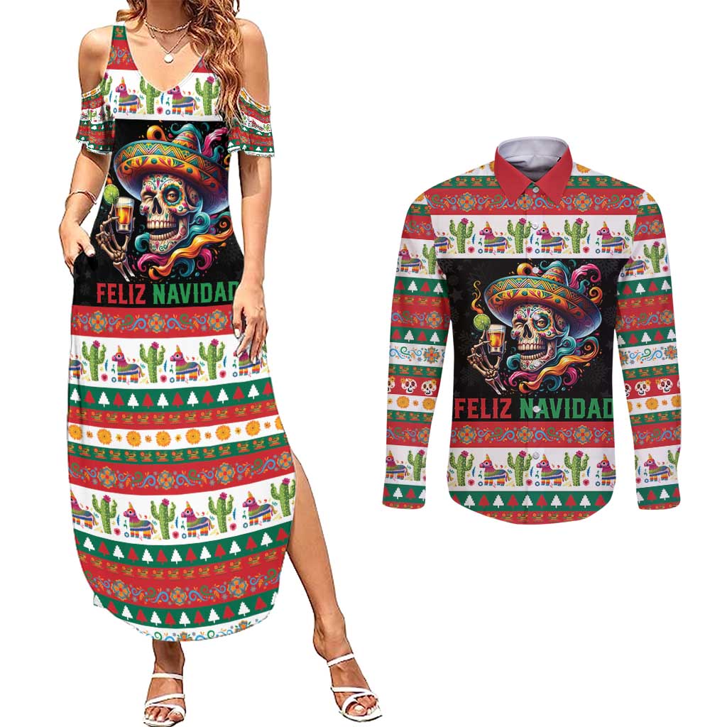 Mexican Sugar Skull Couples Matching Summer Maxi Dress and Long Sleeve Button Shirt Feliz Navidad Mexico - Wonder Print Shop