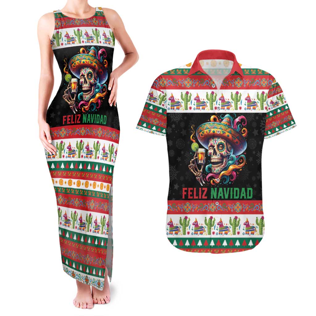 Mexican Sugar Skull Couples Matching Tank Maxi Dress and Hawaiian Shirt Feliz Navidad Mexico - Wonder Print Shop