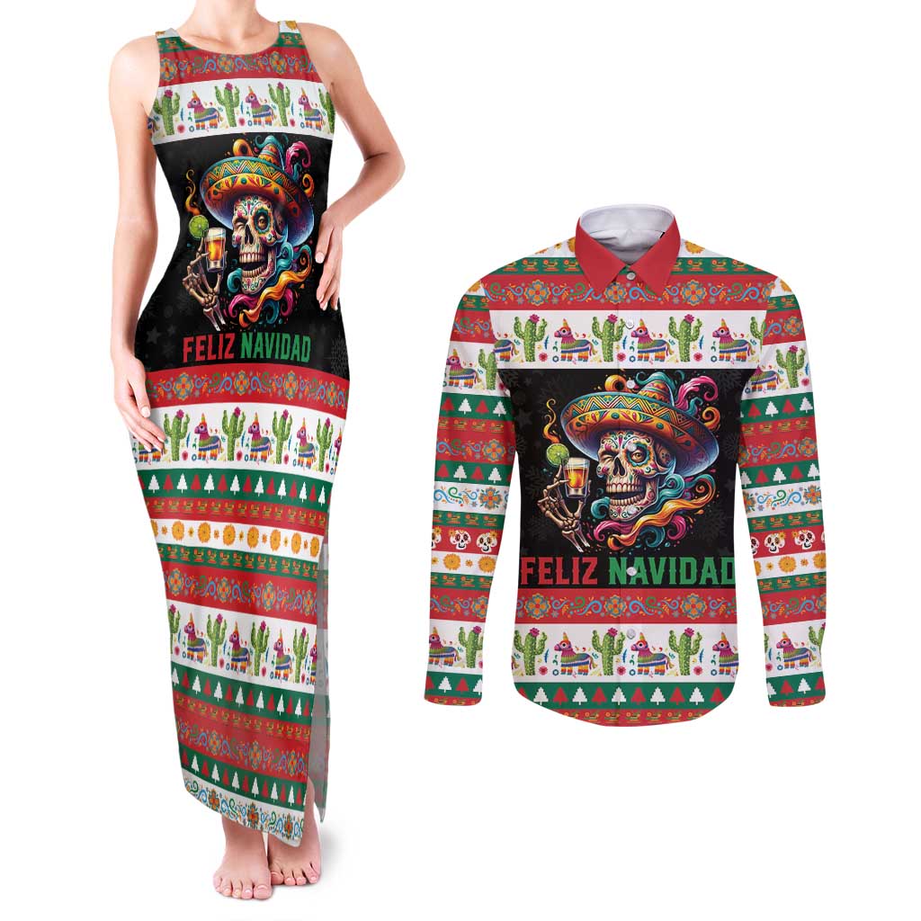 Mexican Sugar Skull Couples Matching Tank Maxi Dress and Long Sleeve Button Shirt Feliz Navidad Mexico - Wonder Print Shop