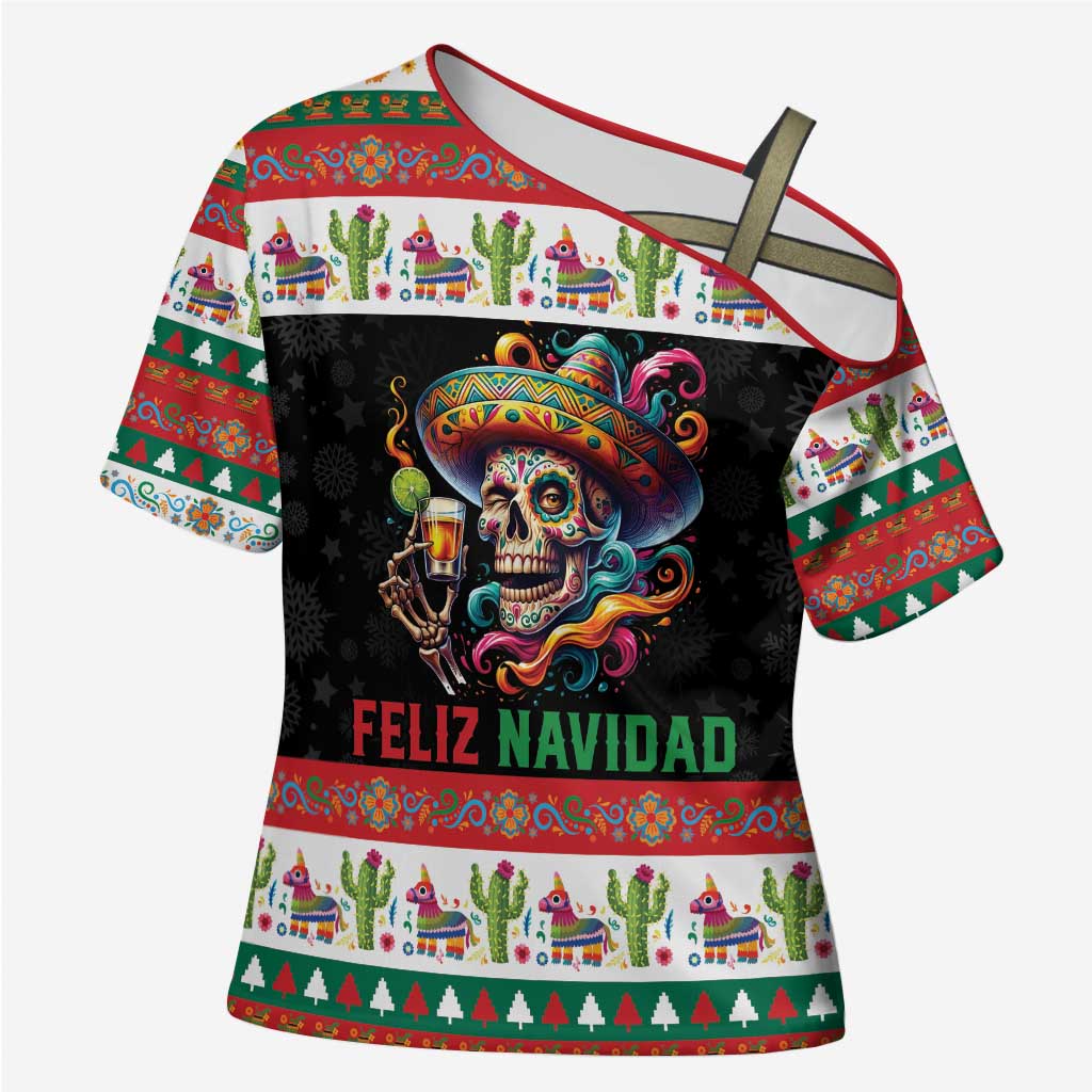 Mexican Sugar Skull Cross Shoulder Shirt Feliz Navidad Mexico - Wonder Print Shop