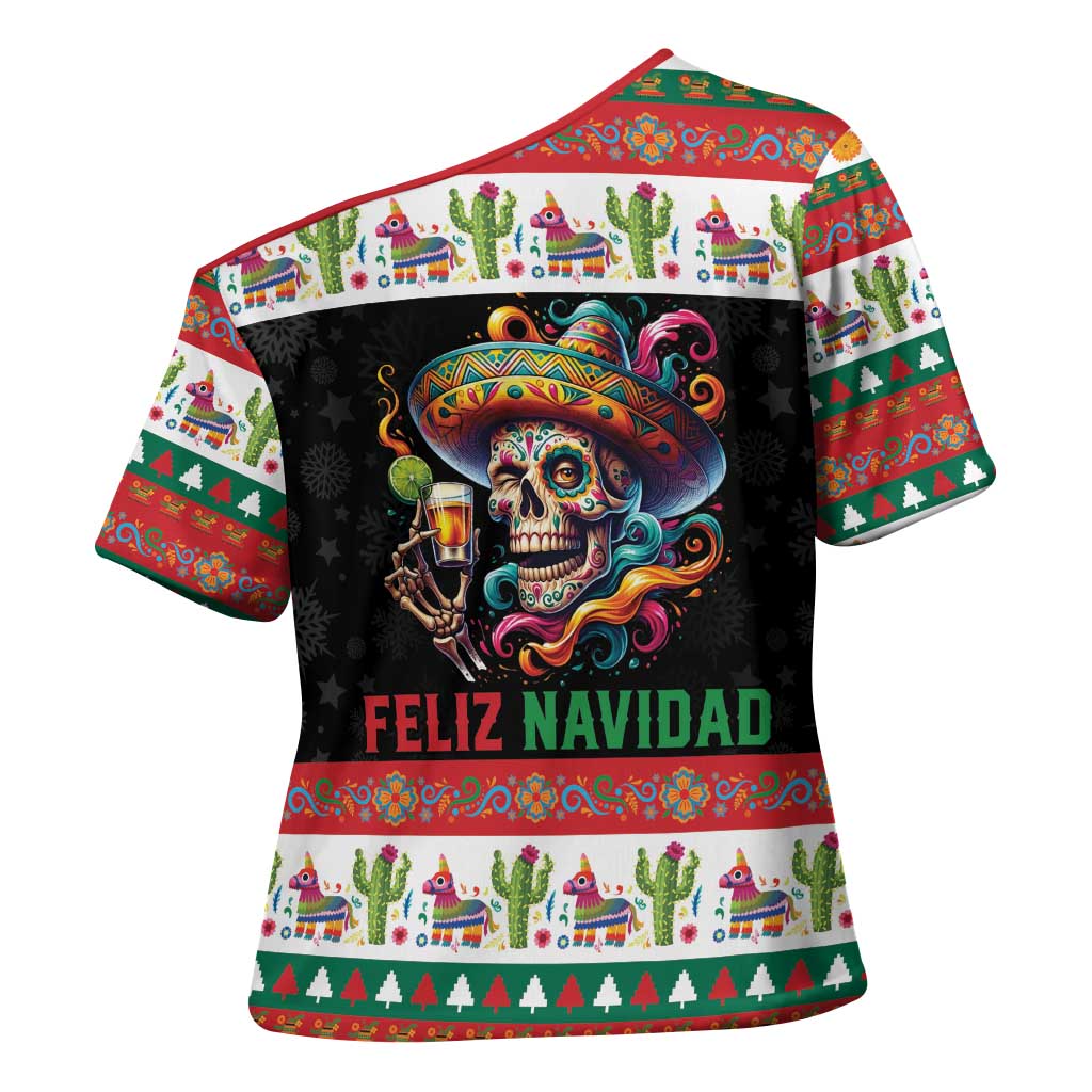Mexican Sugar Skull Cross Shoulder Shirt Feliz Navidad Mexico - Wonder Print Shop