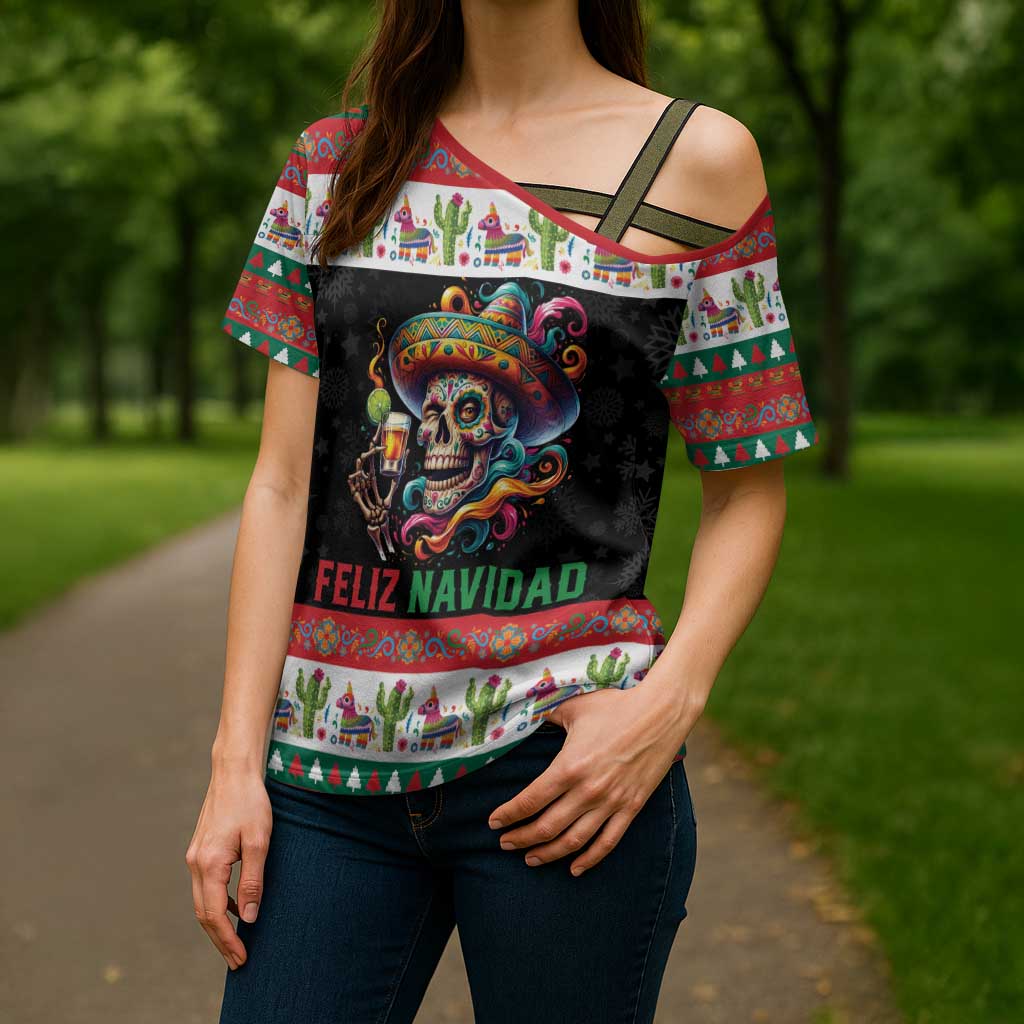 Mexican Sugar Skull Cross Shoulder Shirt Feliz Navidad Mexico - Wonder Print Shop