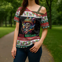 Mexican Sugar Skull Cross Shoulder Shirt Feliz Navidad Mexico - Wonder Print Shop