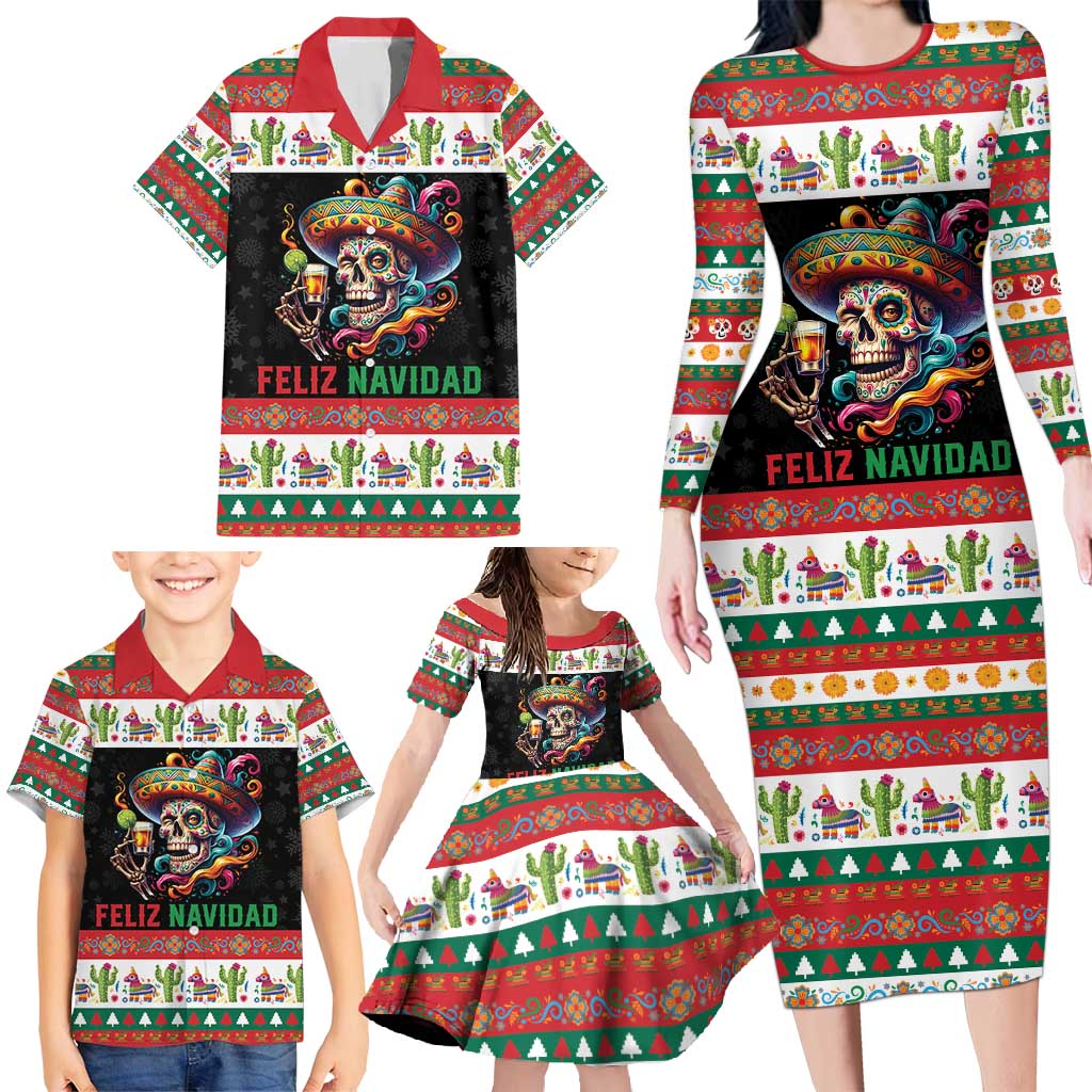 Mexican Sugar Skull Family Matching Long Sleeve Bodycon Dress and Hawaiian Shirt Feliz Navidad Mexico - Wonder Print Shop