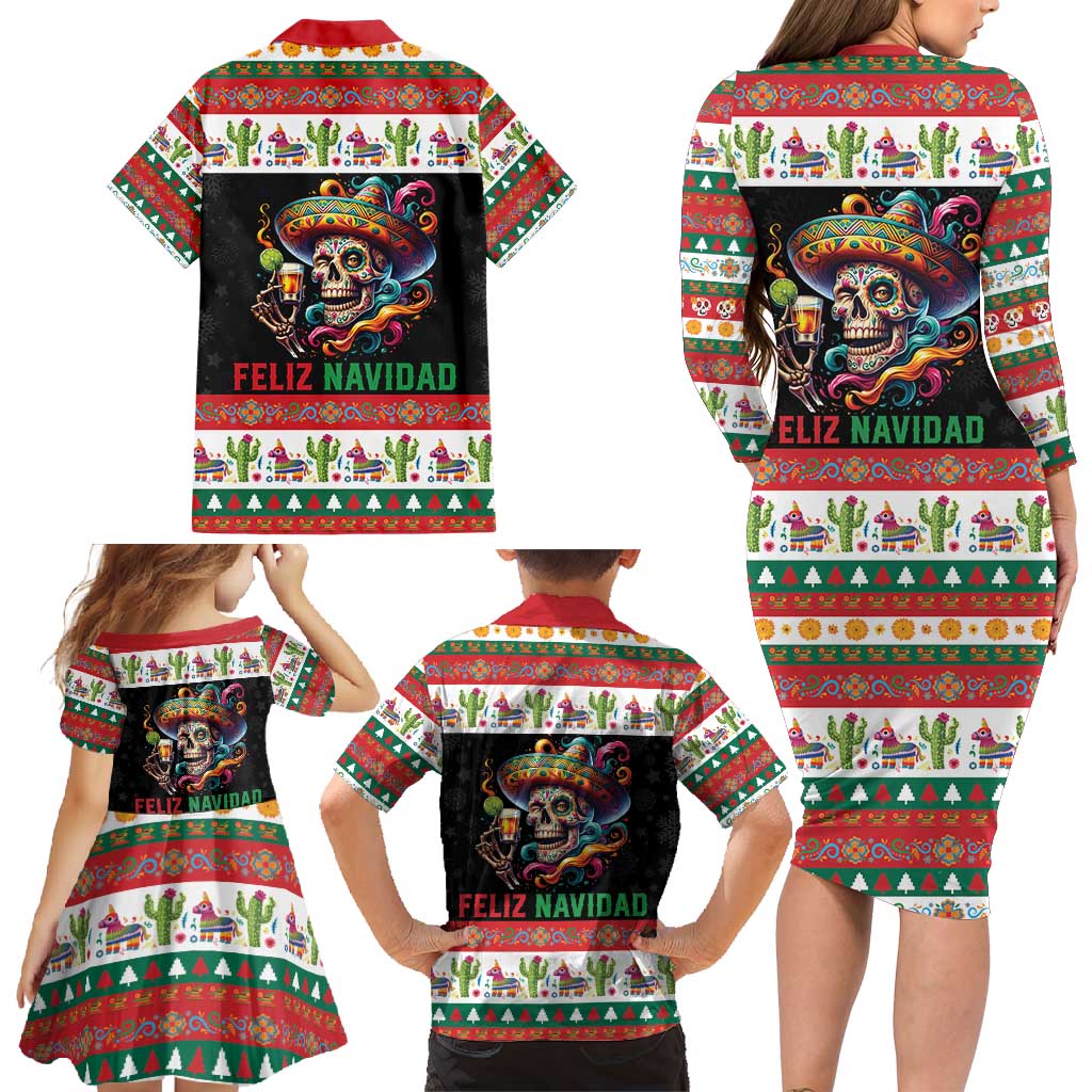 Mexican Sugar Skull Family Matching Long Sleeve Bodycon Dress and Hawaiian Shirt Feliz Navidad Mexico - Wonder Print Shop