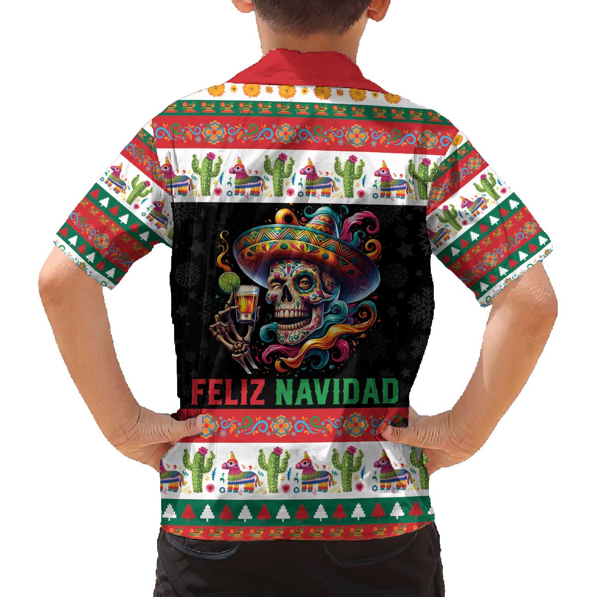 Mexican Sugar Skull Family Matching Off The Shoulder Long Sleeve Dress and Hawaiian Shirt Feliz Navidad Mexico - Wonder Print Shop