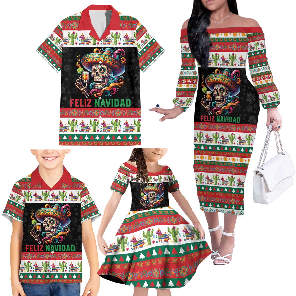 Mexican Sugar Skull Family Matching Off The Shoulder Long Sleeve Dress and Hawaiian Shirt Feliz Navidad Mexico - Wonder Print Shop