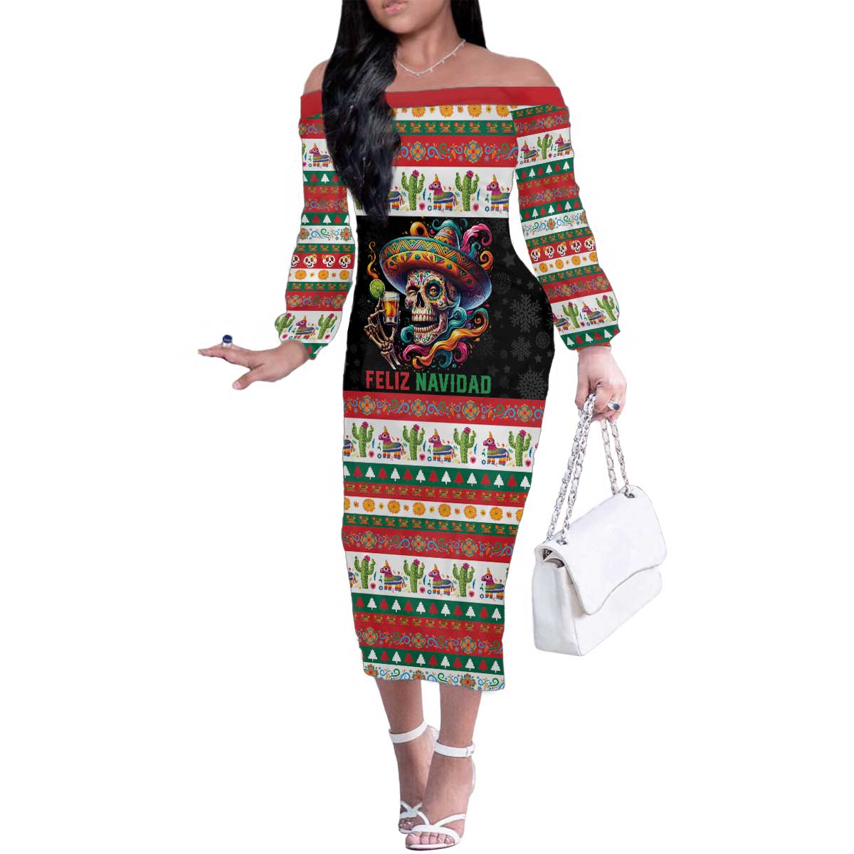 Mexican Sugar Skull Family Matching Off The Shoulder Long Sleeve Dress and Hawaiian Shirt Feliz Navidad Mexico - Wonder Print Shop