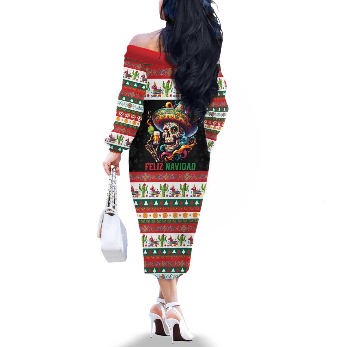 Mexican Sugar Skull Family Matching Off The Shoulder Long Sleeve Dress and Hawaiian Shirt Feliz Navidad Mexico - Wonder Print Shop