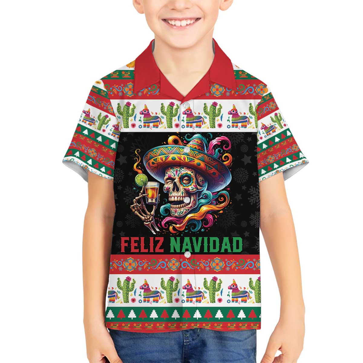 Mexican Sugar Skull Family Matching Off The Shoulder Long Sleeve Dress and Hawaiian Shirt Feliz Navidad Mexico - Wonder Print Shop