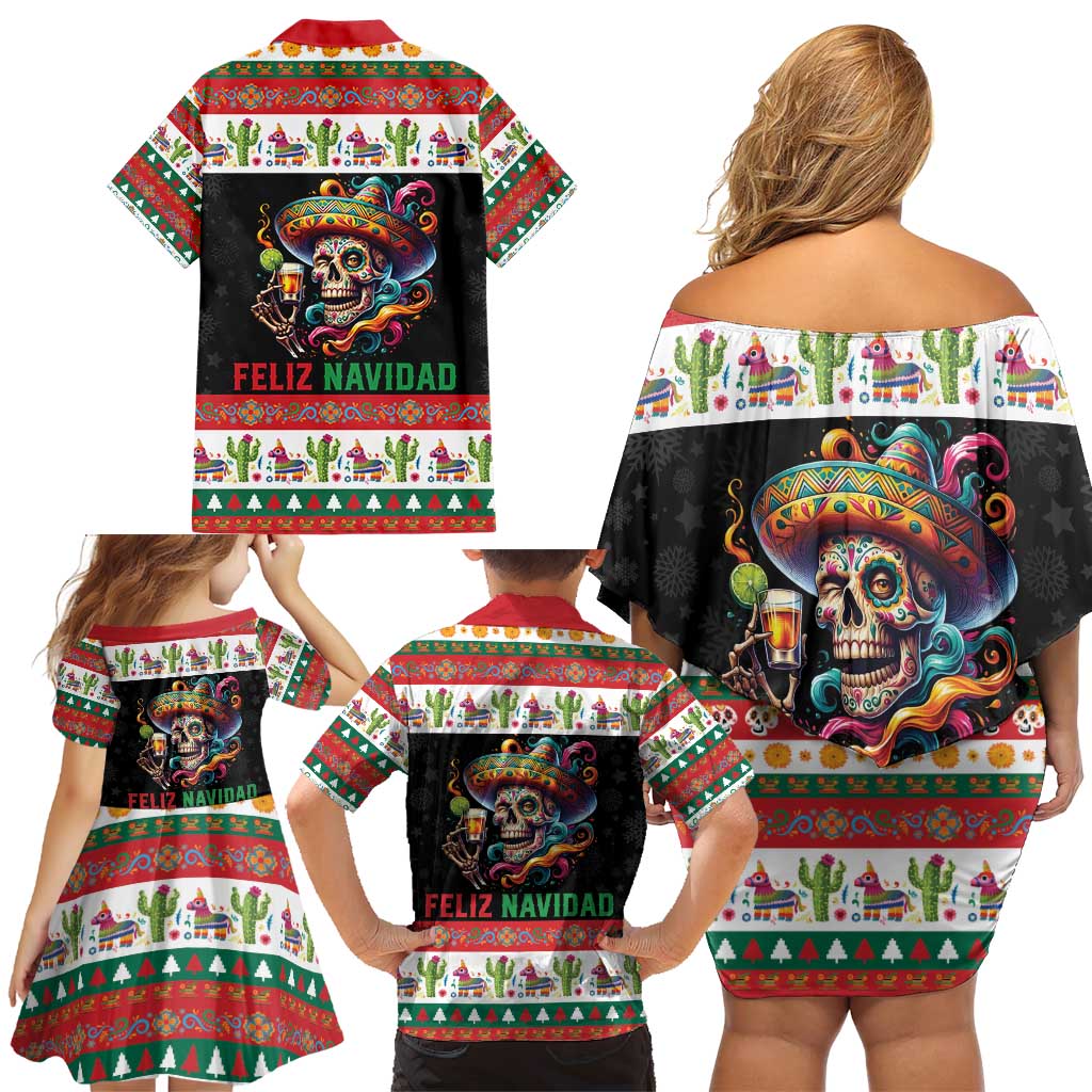Mexican Sugar Skull Family Matching Off Shoulder Short Dress and Hawaiian Shirt Feliz Navidad Mexico - Wonder Print Shop