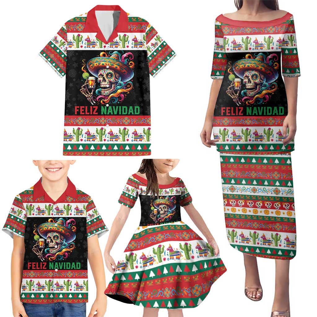 Mexican Sugar Skull Family Matching Puletasi and Hawaiian Shirt Feliz Navidad Mexico - Wonder Print Shop