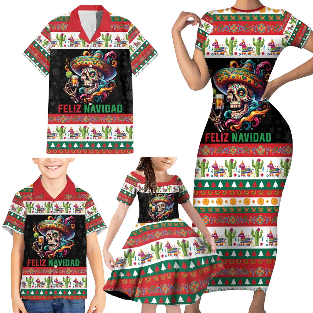 Mexican Sugar Skull Family Matching Short Sleeve Bodycon Dress and Hawaiian Shirt Feliz Navidad Mexico - Wonder Print Shop
