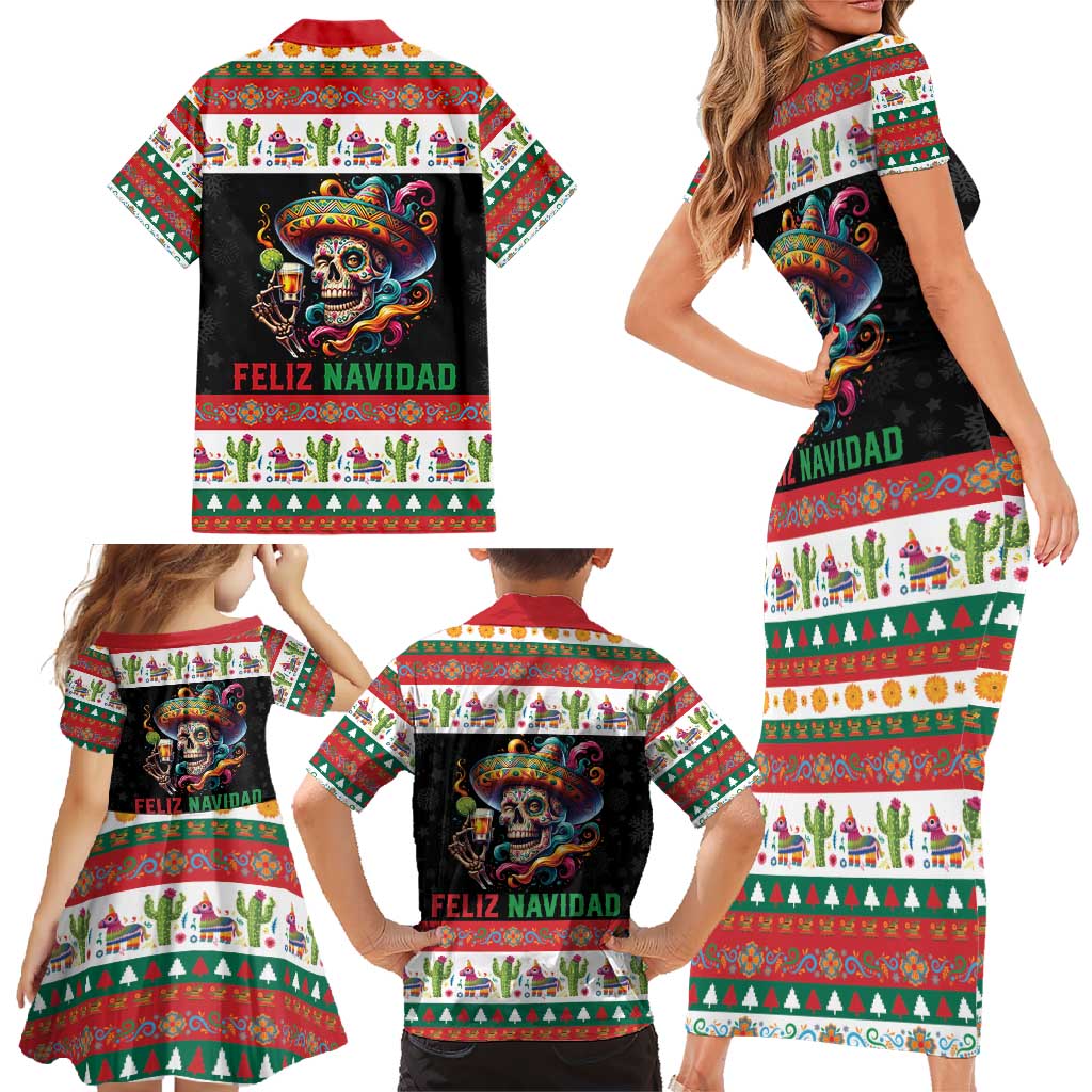 Mexican Sugar Skull Family Matching Short Sleeve Bodycon Dress and Hawaiian Shirt Feliz Navidad Mexico - Wonder Print Shop