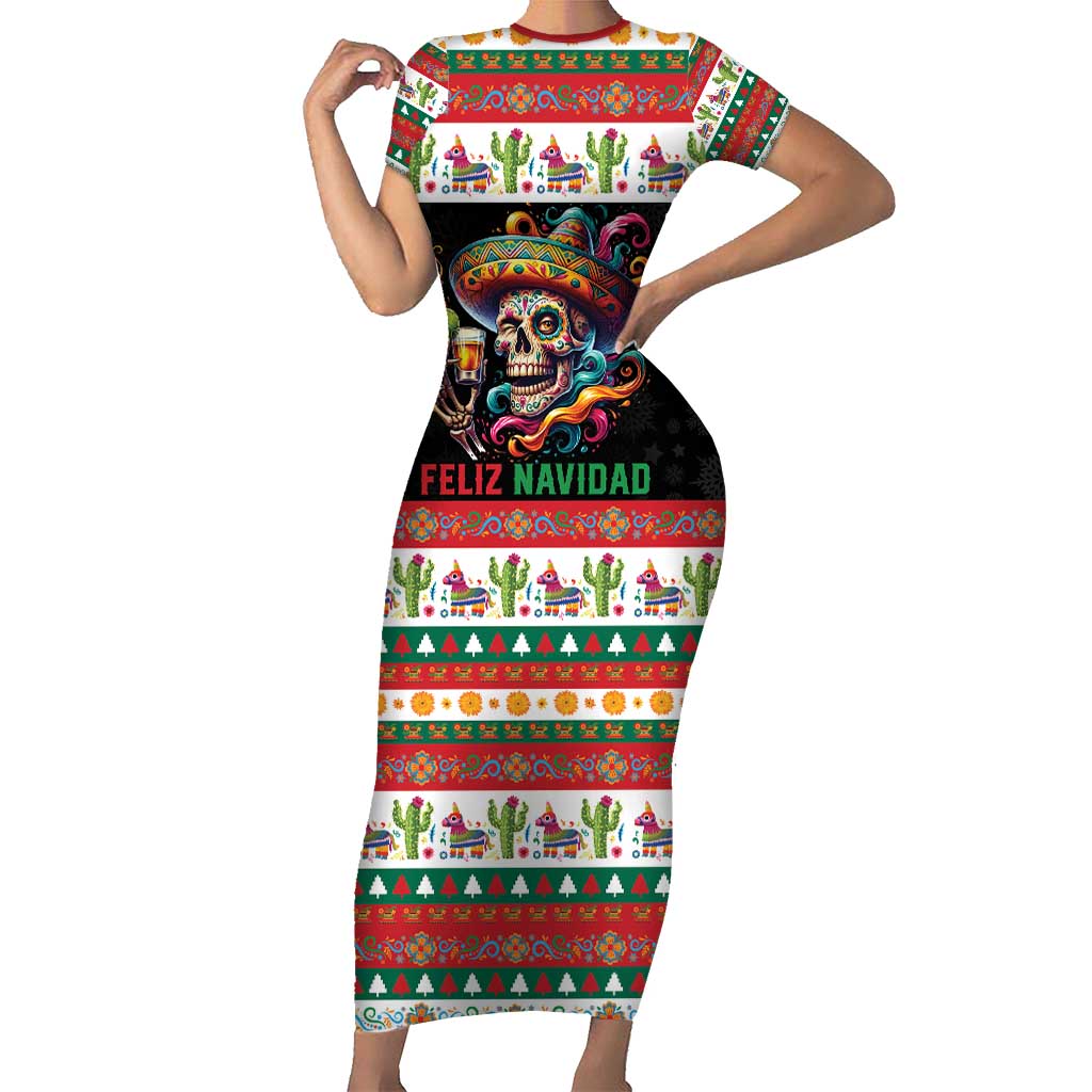 Mexican Sugar Skull Family Matching Short Sleeve Bodycon Dress and Hawaiian Shirt Feliz Navidad Mexico - Wonder Print Shop