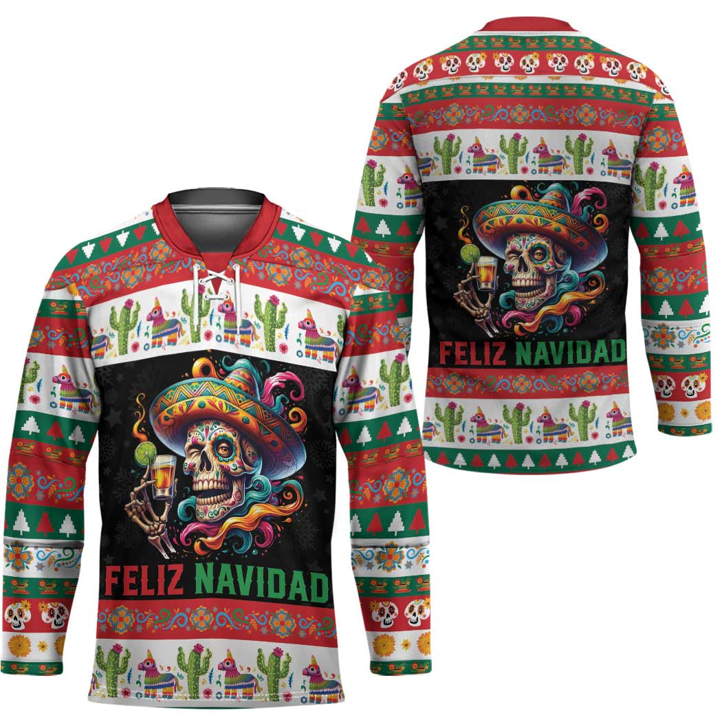 Mexican Sugar Skull Hockey Jersey Feliz Navidad Mexico - Wonder Print Shop