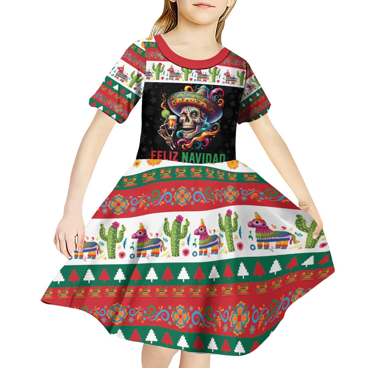 Mexican Sugar Skull Kid Short Sleeve Dress Feliz Navidad Mexico - Wonder Print Shop