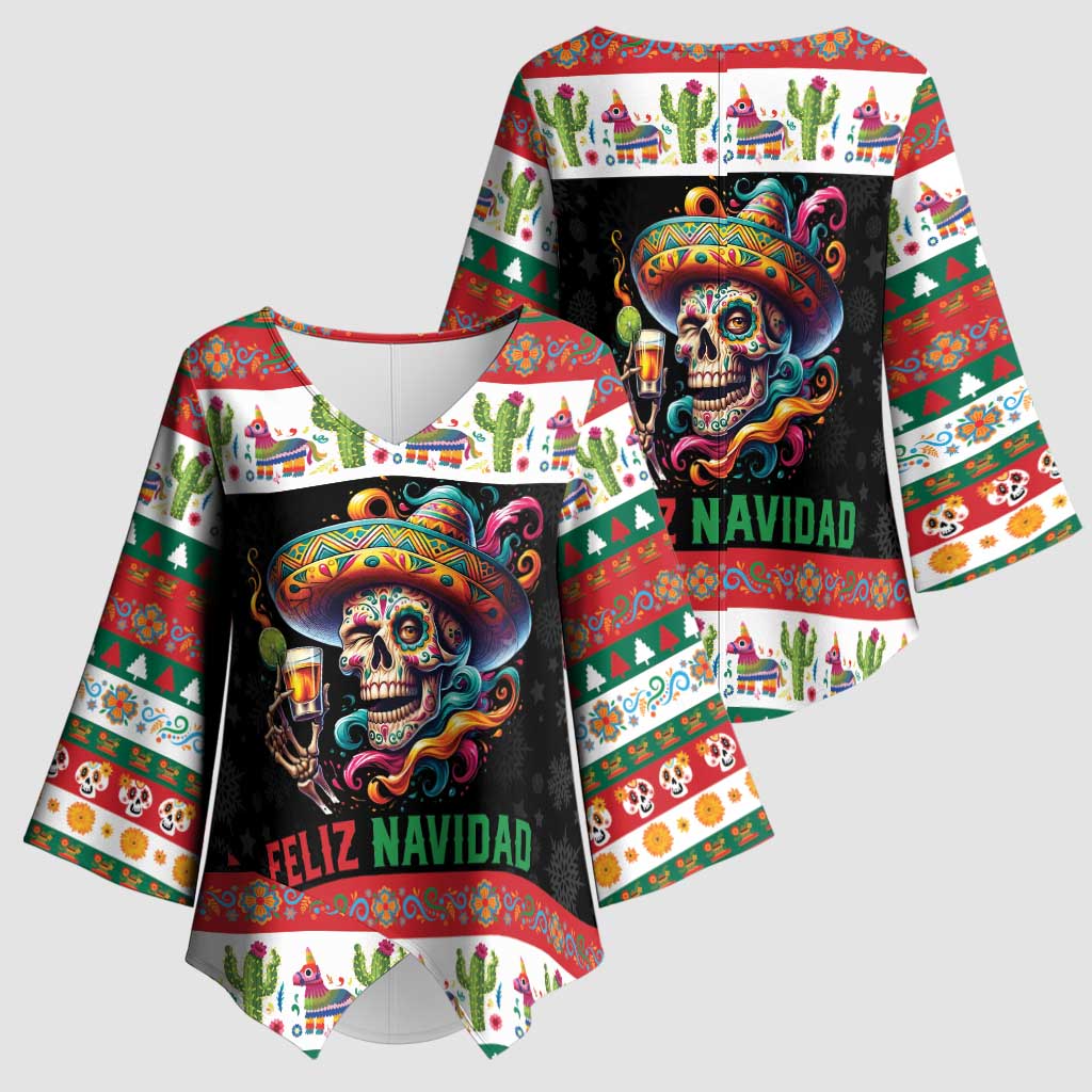 Mexican Sugar Skull Kimono Sleeve Blouse Feliz Navidad Mexico - Wonder Print Shop