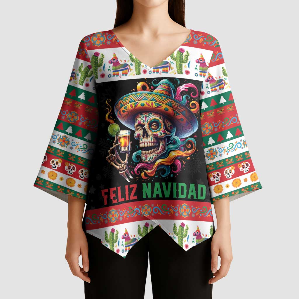Mexican Sugar Skull Kimono Sleeve Blouse Feliz Navidad Mexico - Wonder Print Shop