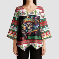 Mexican Sugar Skull Kimono Sleeve Blouse Feliz Navidad Mexico - Wonder Print Shop
