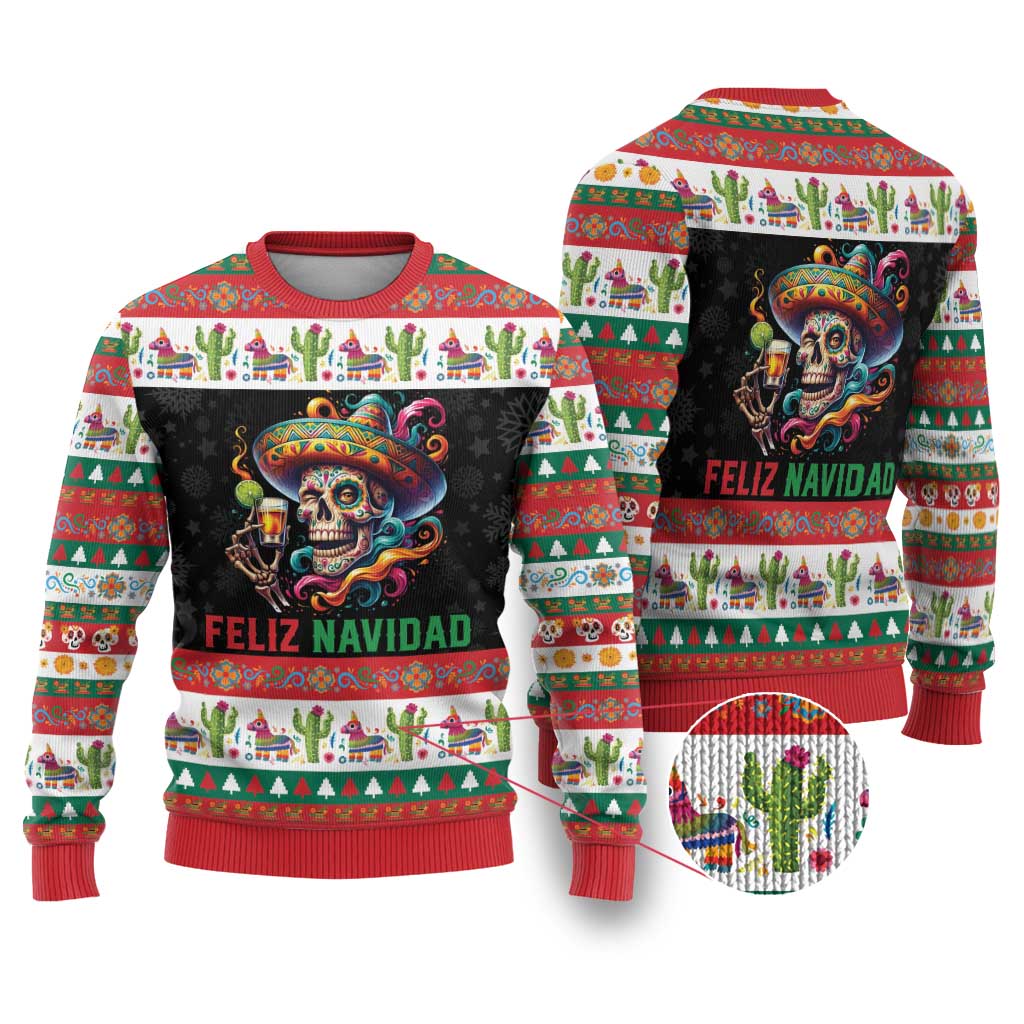 Mexican Sugar Skull Ugly Christmas Sweater Feliz Navidad Mexico - Wonder Print Shop