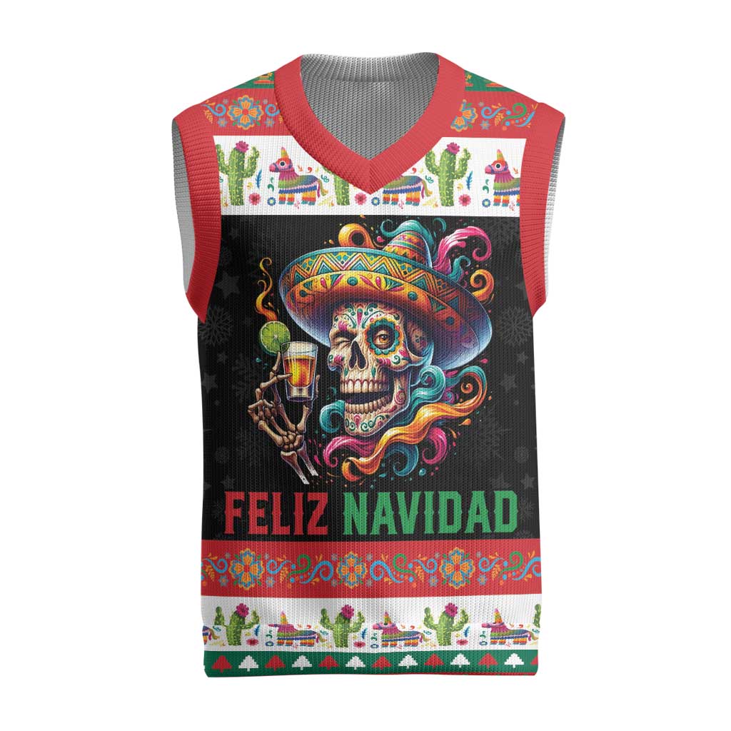 Mexican Sugar Skull Christmas Knitted V-Neck Vest Feliz Navidad Mexico - Wonder Print Shop