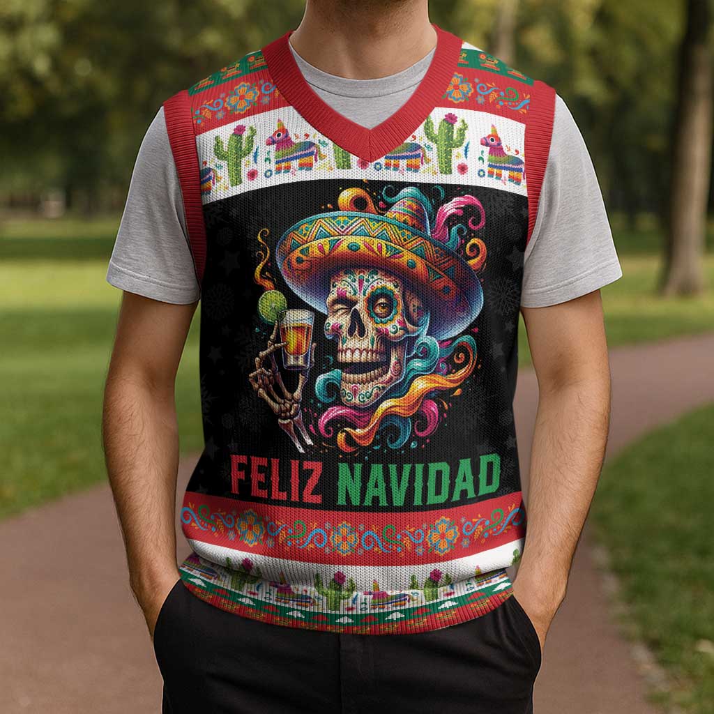 Mexican Sugar Skull Christmas Knitted V-Neck Vest Feliz Navidad Mexico - Wonder Print Shop