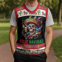 Mexican Sugar Skull Christmas Knitted V-Neck Vest Feliz Navidad Mexico - Wonder Print Shop