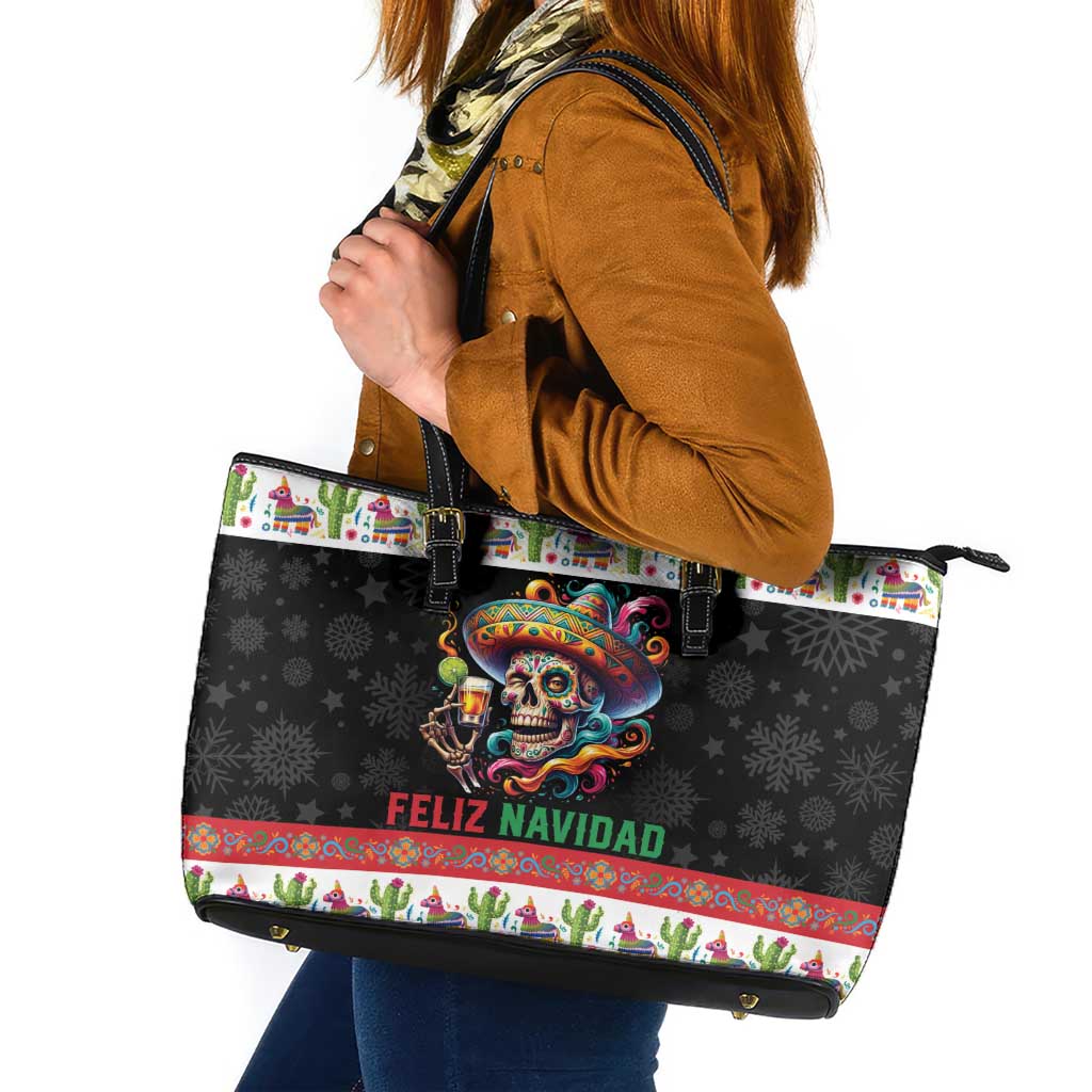 Mexican Sugar Skull Leather Tote Bag Feliz Navidad Mexico - Wonder Print Shop