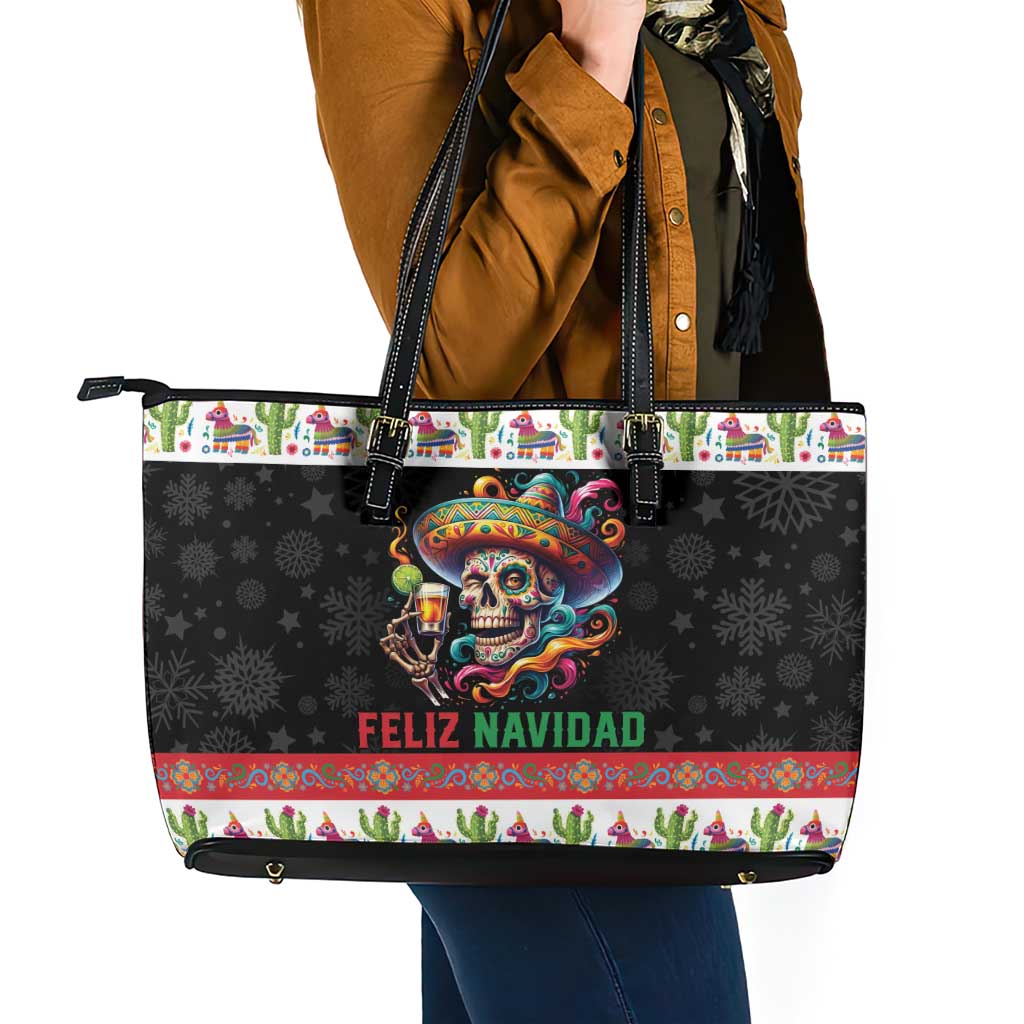 Mexican Sugar Skull Leather Tote Bag Feliz Navidad Mexico - Wonder Print Shop