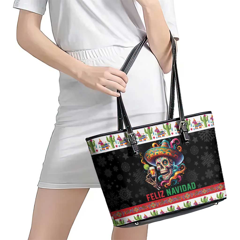Mexican Sugar Skull Leather Tote Bag Feliz Navidad Mexico - Wonder Print Shop