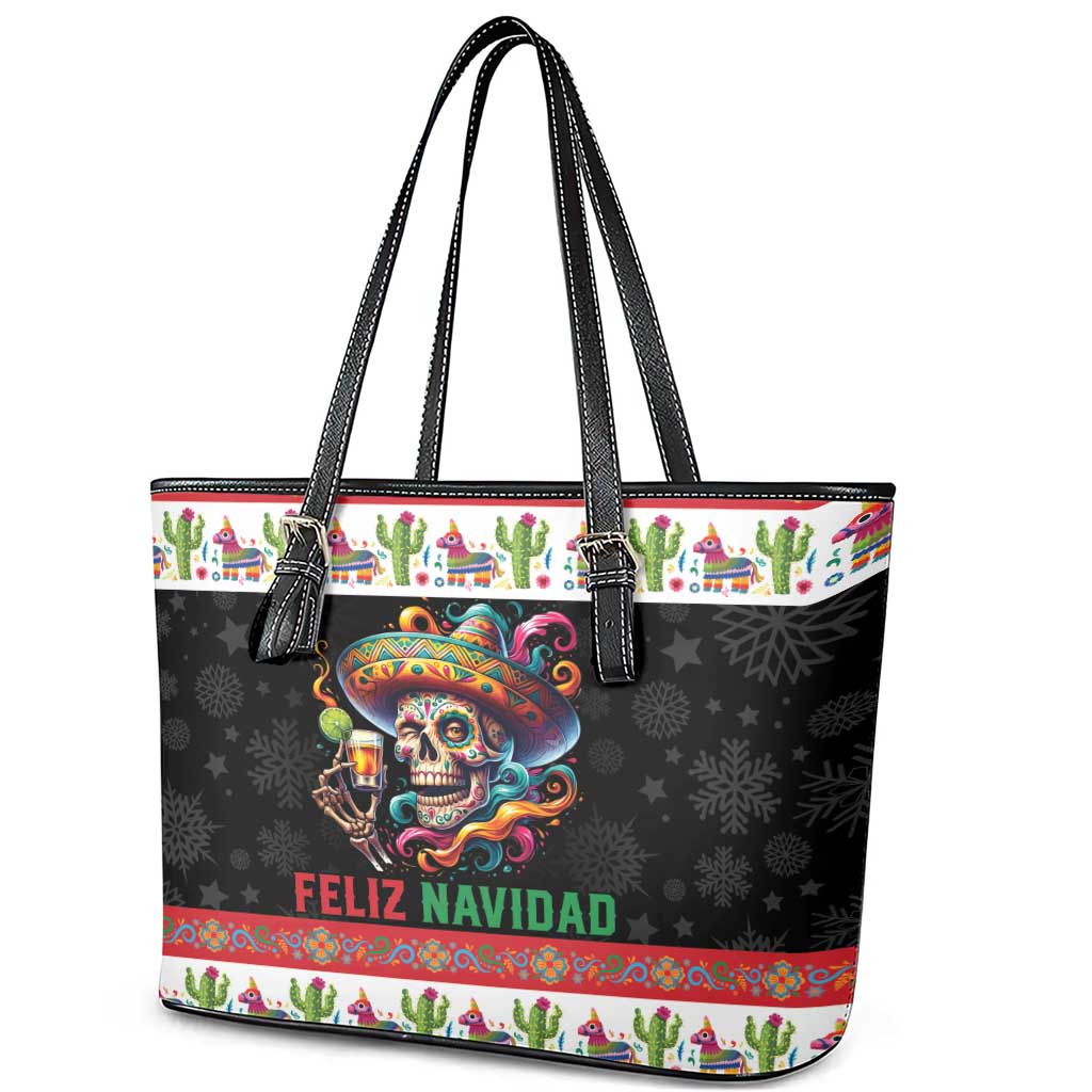 Mexican Sugar Skull Leather Tote Bag Feliz Navidad Mexico - Wonder Print Shop