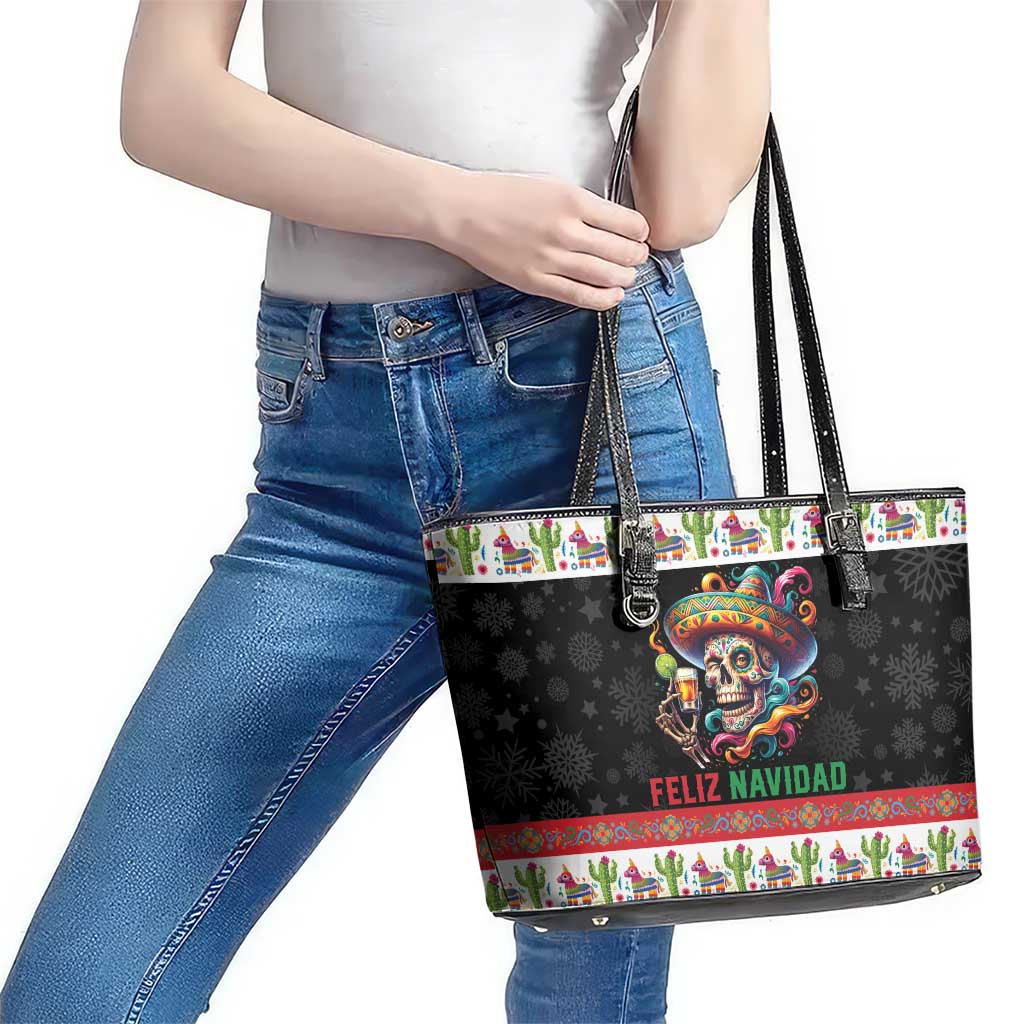 Mexican Sugar Skull Leather Tote Bag Feliz Navidad Mexico - Wonder Print Shop